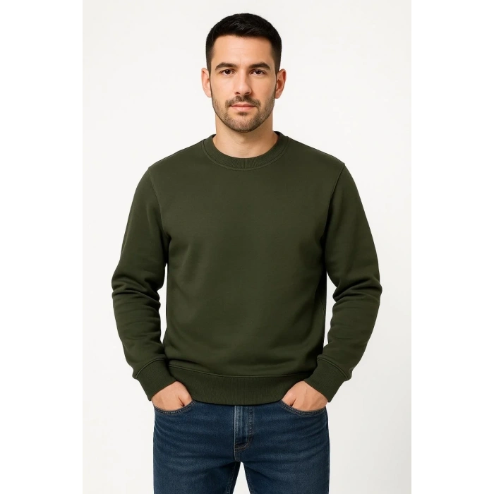 Erkek 3 İplik Pamuklu Düz Bisiklet Yaka SweatShirt - Haki