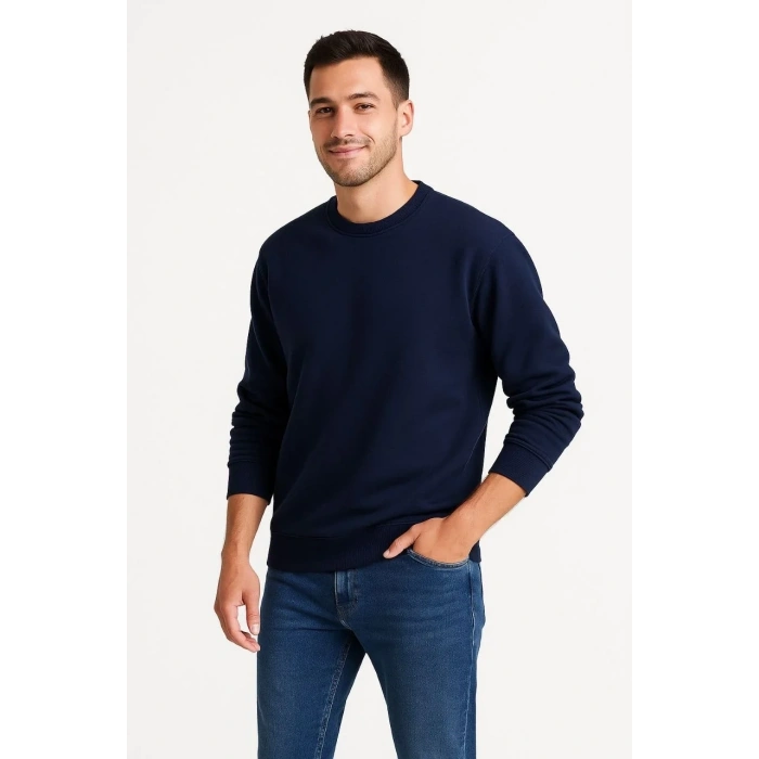 Erkek 3 İplik Pamuklu Düz Bisiklet Yaka SweatShirt - Lacivert