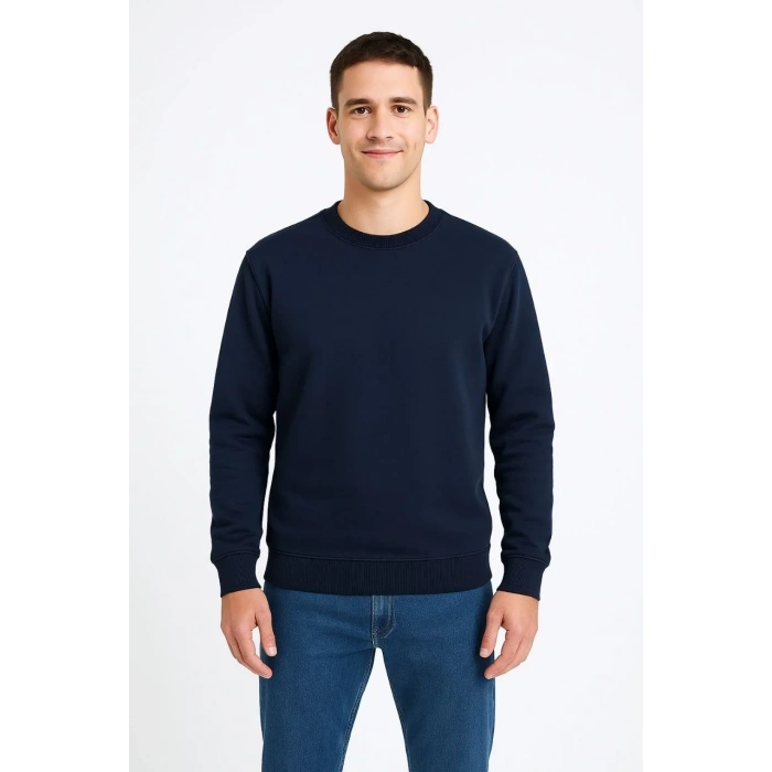 Erkek 3 İplik Pamuklu Düz Bisiklet Yaka SweatShirt - Lacivert