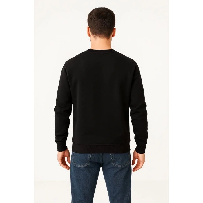 Erkek 3 İplik Pamuklu Düz Bisiklet Yaka SweatShirt - Siyah