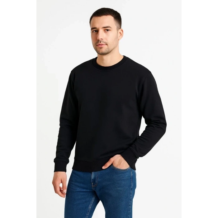 Erkek 3 İplik Pamuklu Düz Bisiklet Yaka SweatShirt - Siyah