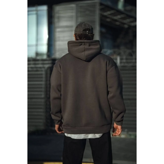 Erkek 3 İplik Pamuklu Kapüşonlu Basic SweatShirt Hoodie - Füme