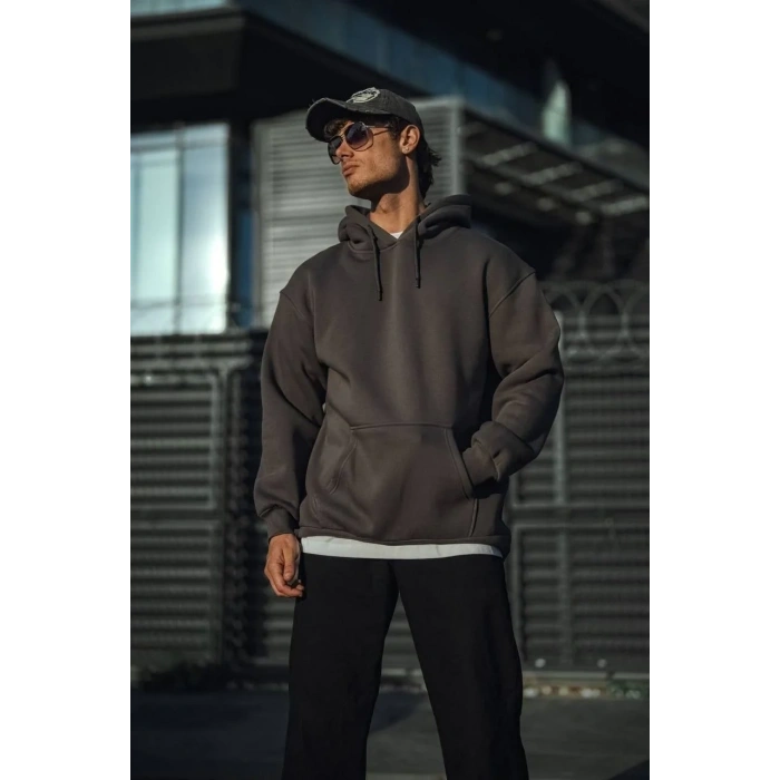 Erkek 3 İplik Pamuklu Kapüşonlu Basic SweatShirt Hoodie - Füme