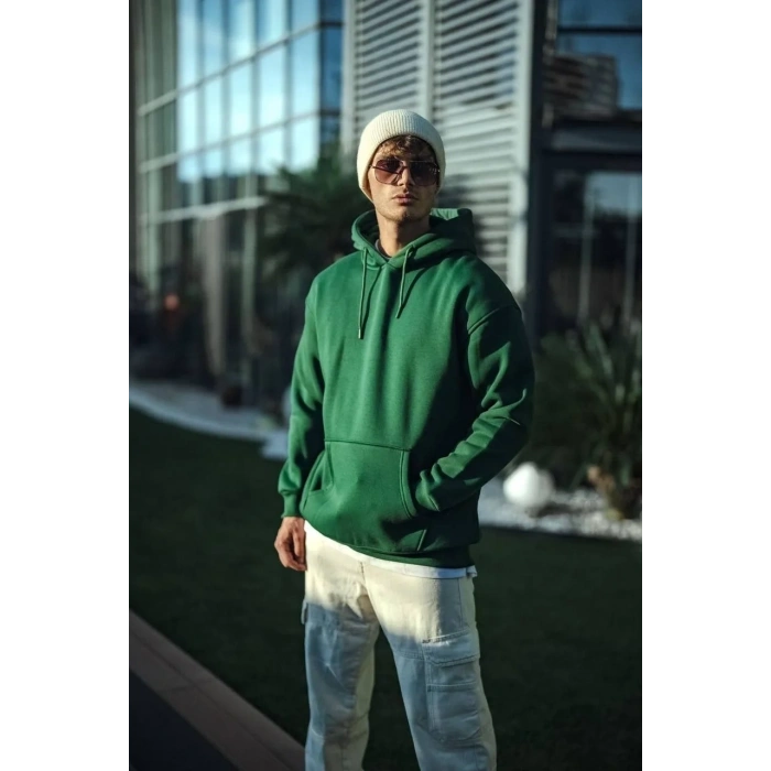 Erkek 3 İplik Pamuklu Kapüşonlu Basic SweatShirt Hoodie - Haki