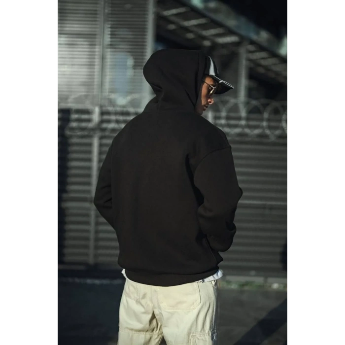 Erkek 3 İplik Pamuklu Kapüşonlu Basic SweatShirt Hoodie - Siyah