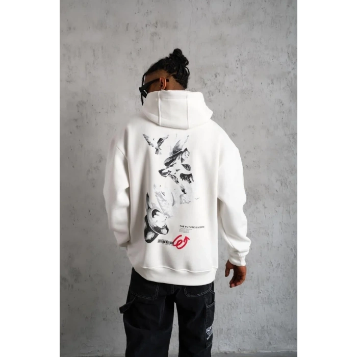 Erkek 3 İplik Pamuklu Kapüşonlu Baskılı Cepli Oversize Sweatshirt Hoodie - Beyaz