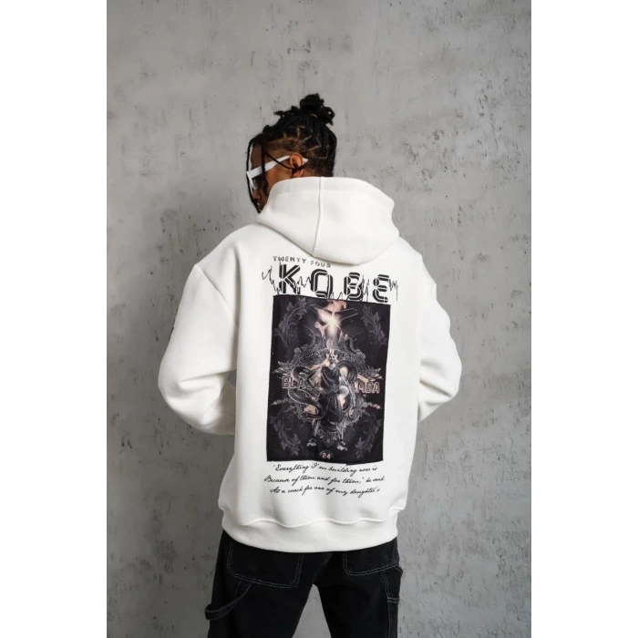 Erkek 3 İplik Pamuklu Kapüşonlu Baskılı Cepli Oversize Sweatshirt Hoodie - Beyaz