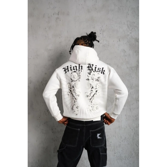 Erkek 3 İplik Pamuklu Kapüşonlu Baskılı Cepli Oversize Sweatshirt Hoodie - Beyaz