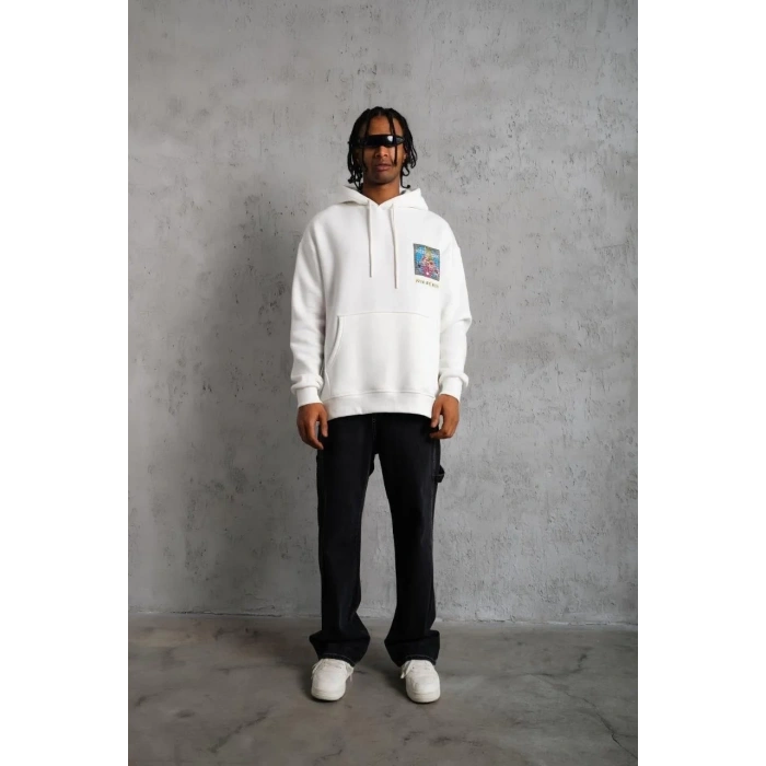 Erkek 3 İplik Pamuklu Kapüşonlu Baskılı Cepli Oversize Sweatshirt Hoodie - Beyaz