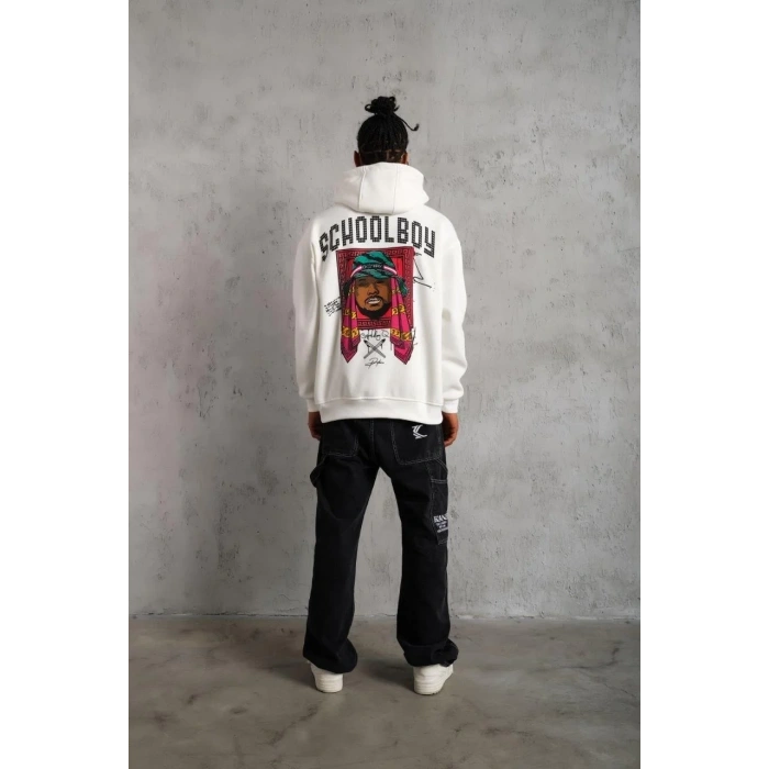 Erkek 3 İplik Pamuklu Kapüşonlu Baskılı Cepli Oversize Sweatshirt Hoodie - Beyaz