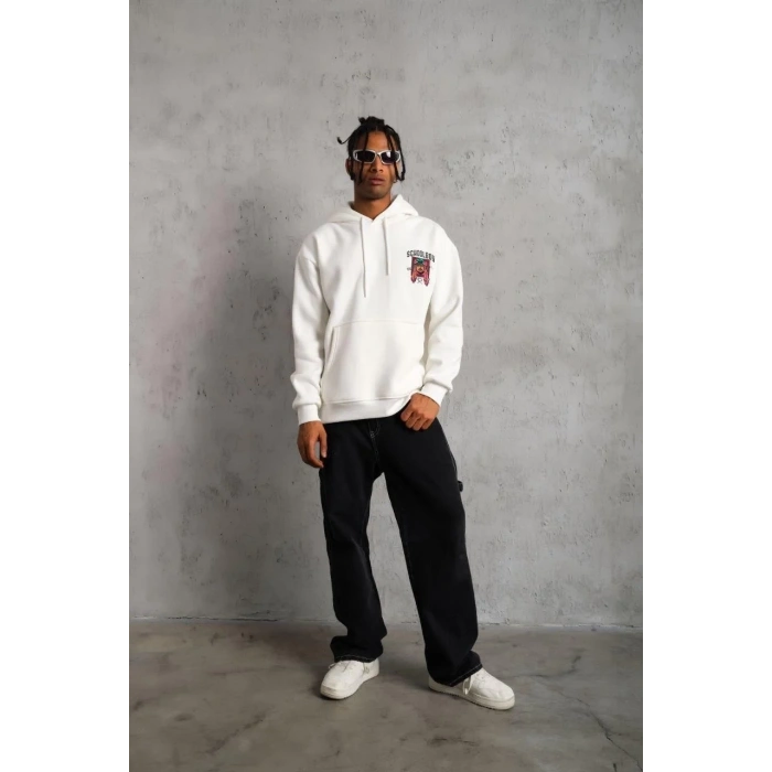 Erkek 3 İplik Pamuklu Kapüşonlu Baskılı Cepli Oversize Sweatshirt Hoodie - Beyaz