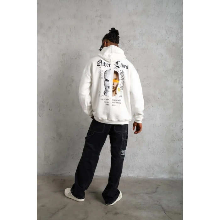 Erkek 3 İplik Pamuklu Kapüşonlu Baskılı Cepli Oversize Sweatshirt Hoodie - Beyaz