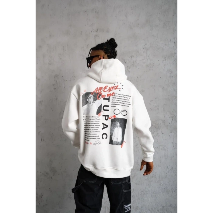 Erkek 3 İplik Pamuklu Kapüşonlu Baskılı Cepli Oversize Sweatshirt Hoodie - Beyaz