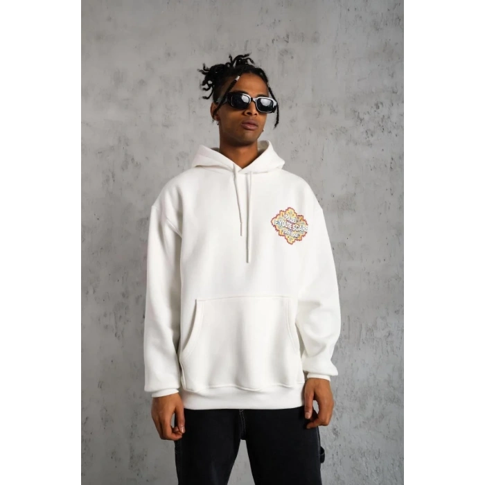 Erkek 3 İplik Pamuklu Kapüşonlu Baskılı Cepli Oversize Sweatshirt Hoodie - Beyaz