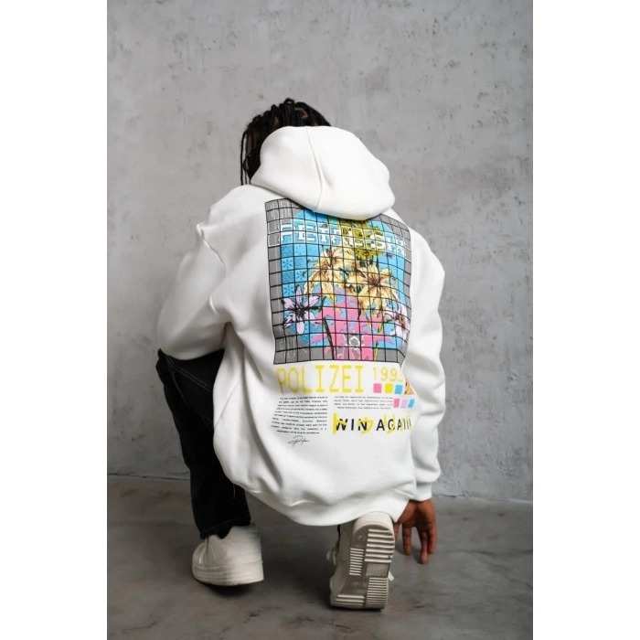 Erkek 3 İplik Pamuklu Kapüşonlu Baskılı Cepli Oversize Sweatshirt Hoodie - Beyaz