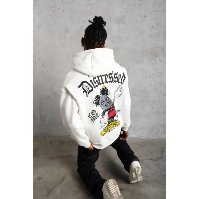 Erkek 3 İplik Pamuklu Kapüşonlu Baskılı Cepli Oversize Sweatshirt Hoodie - Beyaz