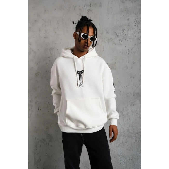 Erkek 3 İplik Pamuklu Kapüşonlu Baskılı Cepli Oversize Sweatshirt Hoodie - Beyaz