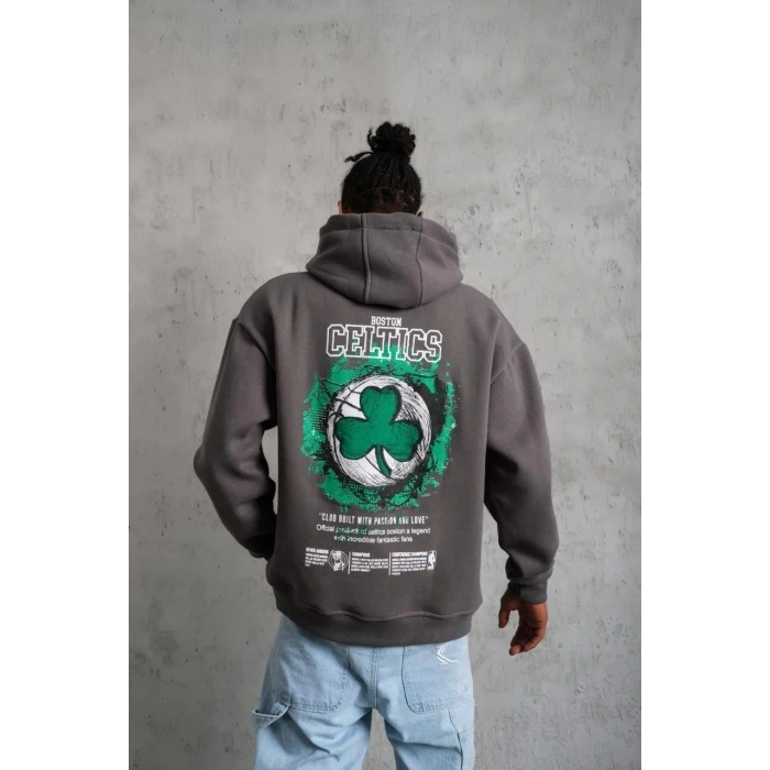 Erkek 3 İplik Pamuklu Kapüşonlu Baskılı Cepli Oversize Sweatshirt Hoodie - Gri