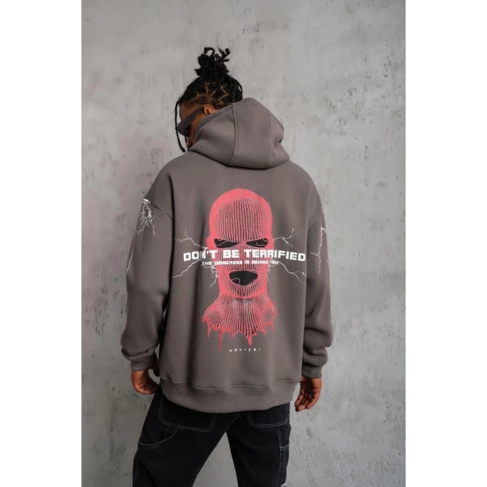Erkek 3 İplik Pamuklu Kapüşonlu Baskılı Cepli Oversize Sweatshirt Hoodie - Gri