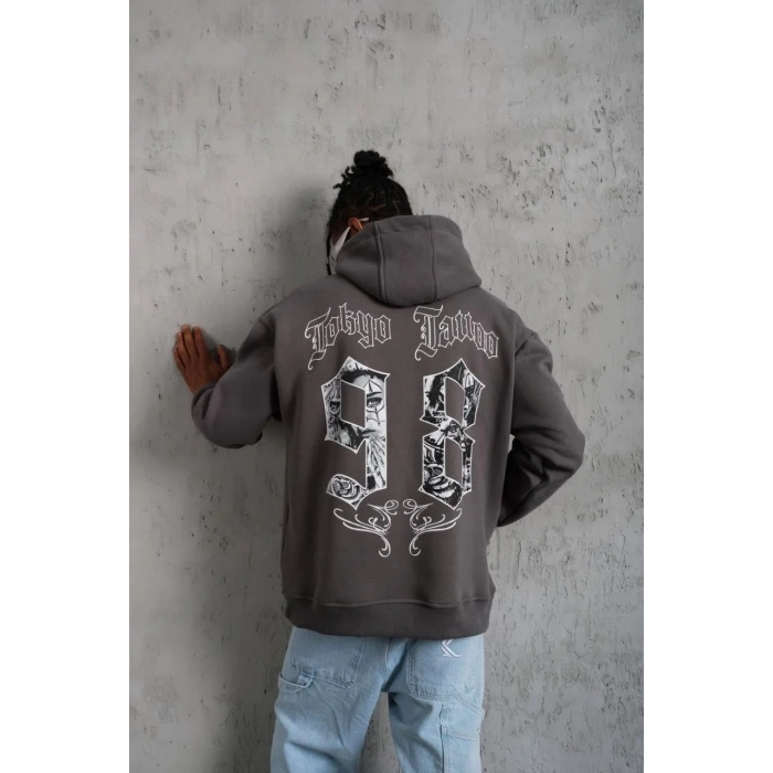 Erkek 3 İplik Pamuklu Kapüşonlu Baskılı Cepli Oversize Sweatshirt Hoodie - Gri