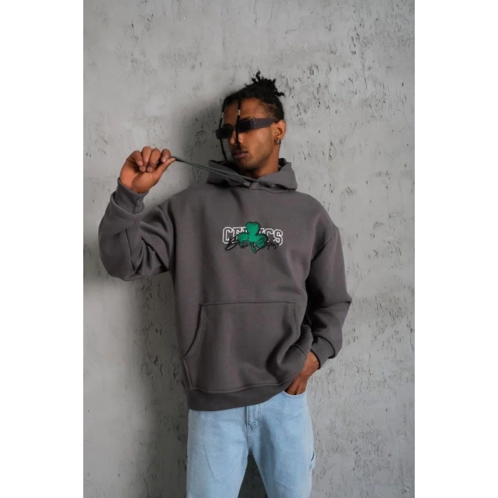 Erkek 3 İplik Pamuklu Kapüşonlu Baskılı Cepli Oversize Sweatshirt Hoodie - Gri