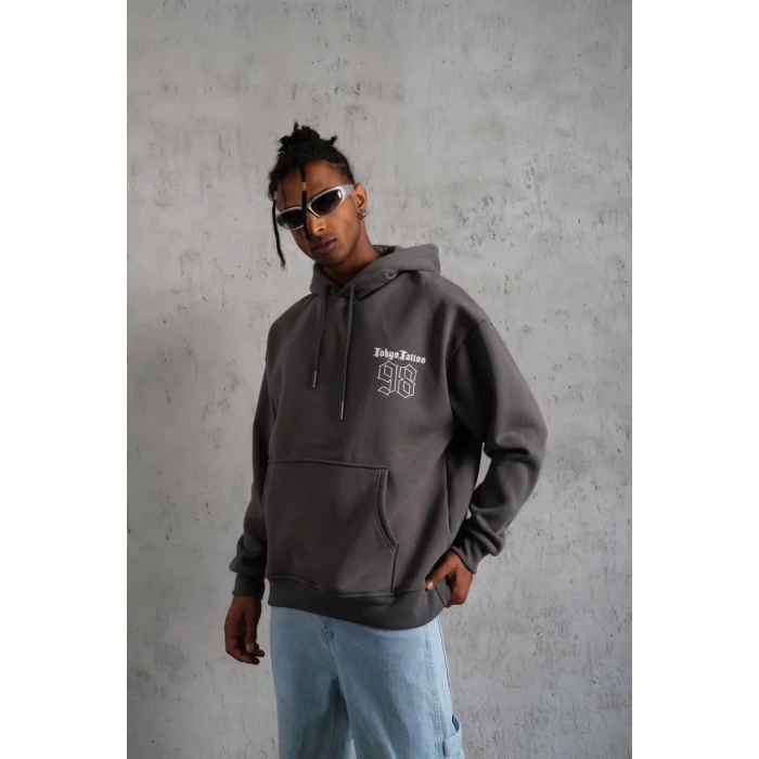 Erkek 3 İplik Pamuklu Kapüşonlu Baskılı Cepli Oversize Sweatshirt Hoodie - Gri