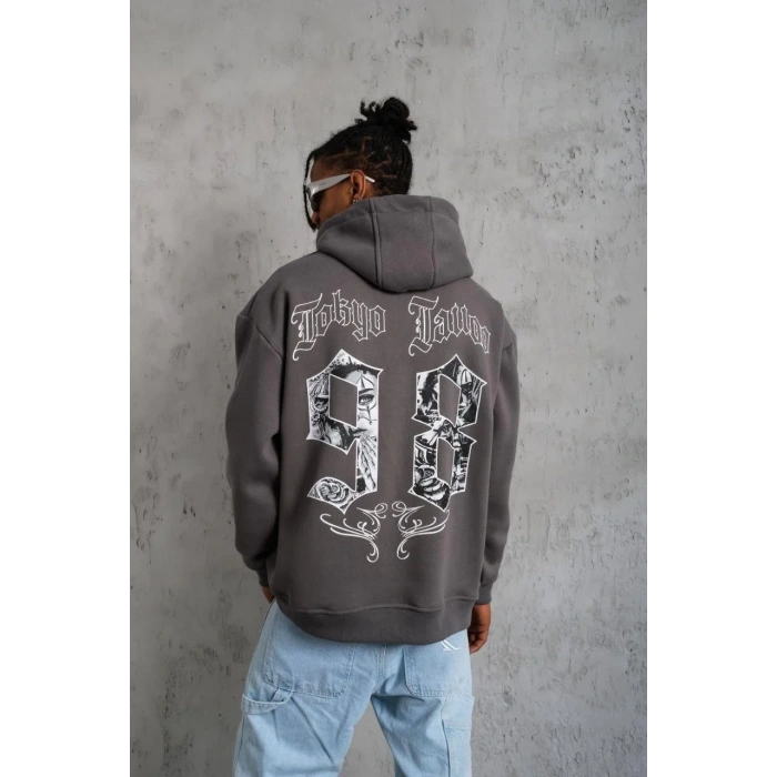Erkek 3 İplik Pamuklu Kapüşonlu Baskılı Cepli Oversize Sweatshirt Hoodie - Gri