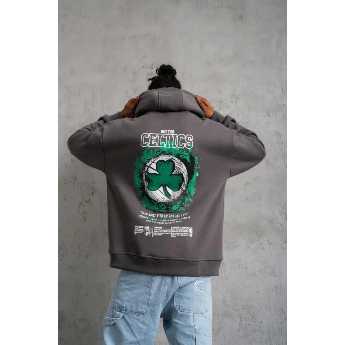 Erkek 3 İplik Pamuklu Kapüşonlu Baskılı Cepli Oversize Sweatshirt Hoodie - Gri
