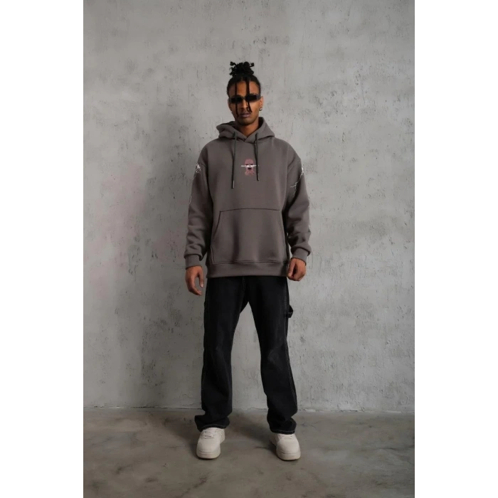 Erkek 3 İplik Pamuklu Kapüşonlu Baskılı Cepli Oversize Sweatshirt Hoodie - Gri