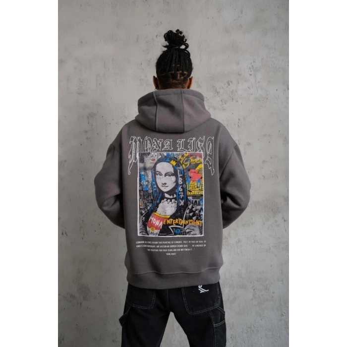 Erkek 3 İplik Pamuklu Kapüşonlu Baskılı Cepli Oversize Sweatshirt Hoodie - Gri