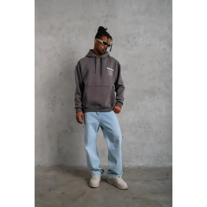 Erkek 3 İplik Pamuklu Kapüşonlu Baskılı Cepli Oversize Sweatshirt Hoodie - Gri