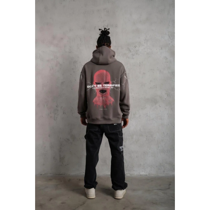 Erkek 3 İplik Pamuklu Kapüşonlu Baskılı Cepli Oversize Sweatshirt Hoodie - Gri