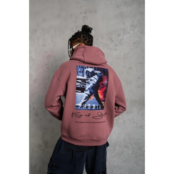 Erkek 3 İplik Pamuklu Kapüşonlu Baskılı Cepli Oversize Sweatshirt Hoodie - Gül Kurusu