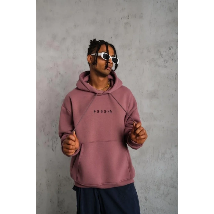 Erkek 3 İplik Pamuklu Kapüşonlu Baskılı Cepli Oversize Sweatshirt Hoodie - Gül Kurusu
