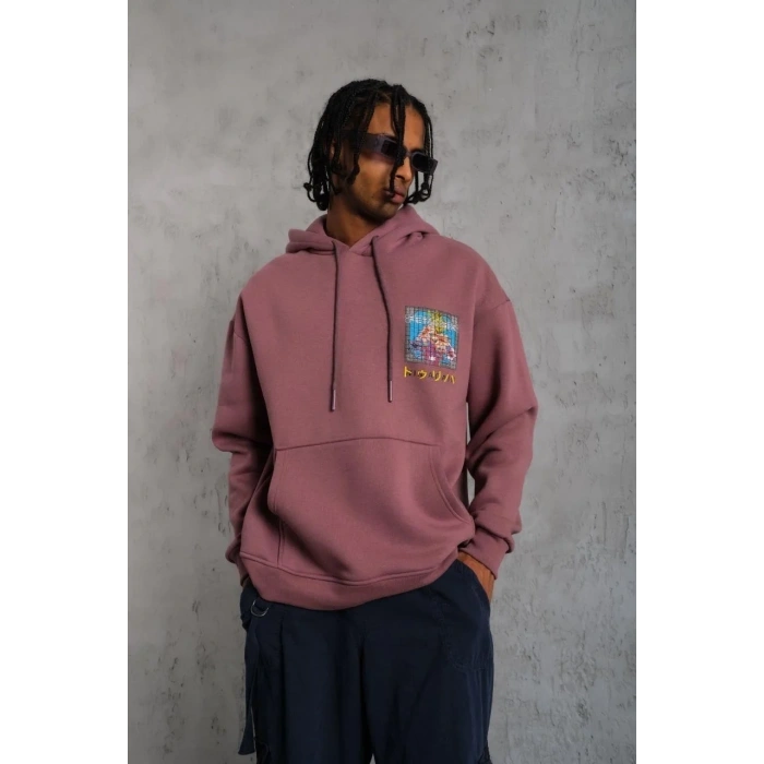 Erkek 3 İplik Pamuklu Kapüşonlu Baskılı Cepli Oversize Sweatshirt Hoodie - Gül Kurusu