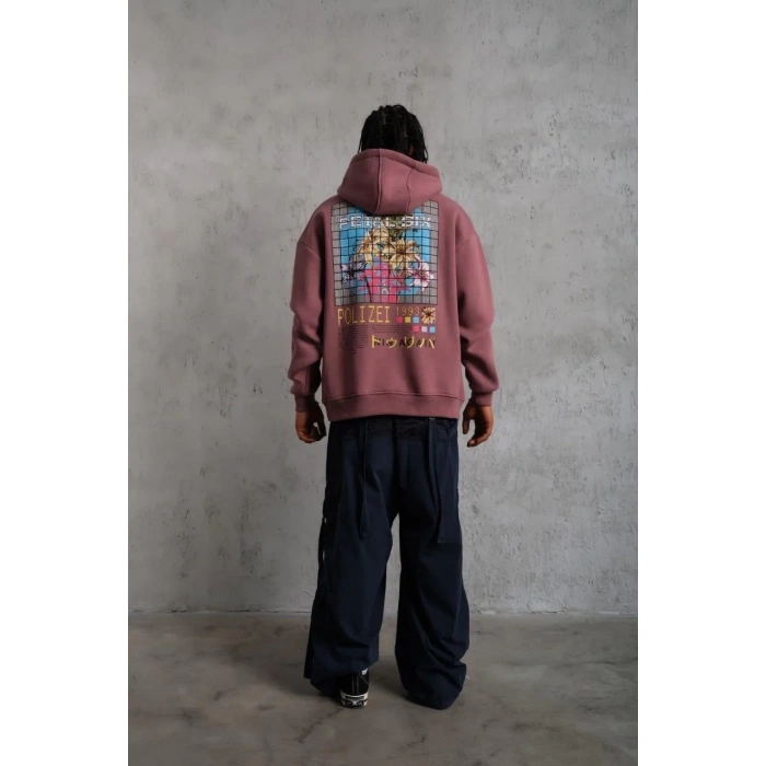 Erkek 3 İplik Pamuklu Kapüşonlu Baskılı Cepli Oversize Sweatshirt Hoodie - Gül Kurusu