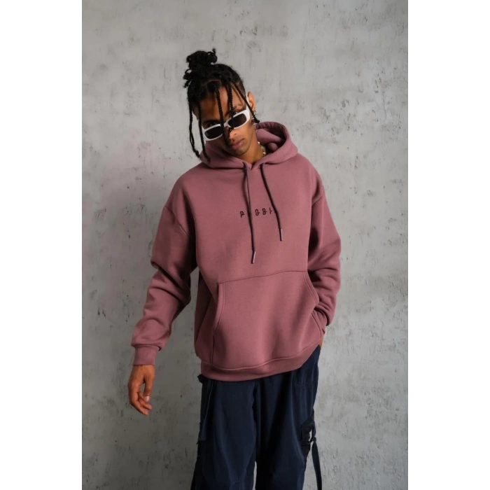 Erkek 3 İplik Pamuklu Kapüşonlu Baskılı Cepli Oversize Sweatshirt Hoodie - Gül Kurusu