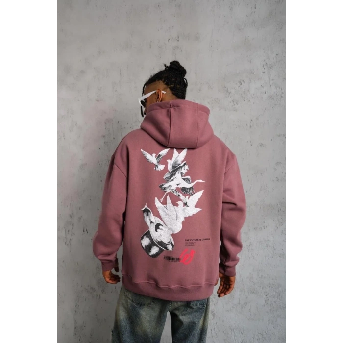 Erkek 3 İplik Pamuklu Kapüşonlu Baskılı Cepli Oversize Sweatshirt Hoodie - Gül Kurusu