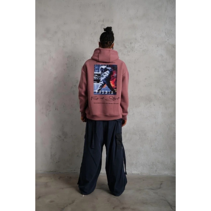 Erkek 3 İplik Pamuklu Kapüşonlu Baskılı Cepli Oversize Sweatshirt Hoodie - Gül Kurusu