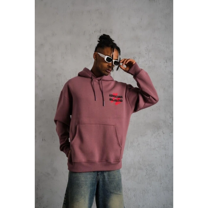 Erkek 3 İplik Pamuklu Kapüşonlu Baskılı Cepli Oversize Sweatshirt Hoodie - Gül Kurusu