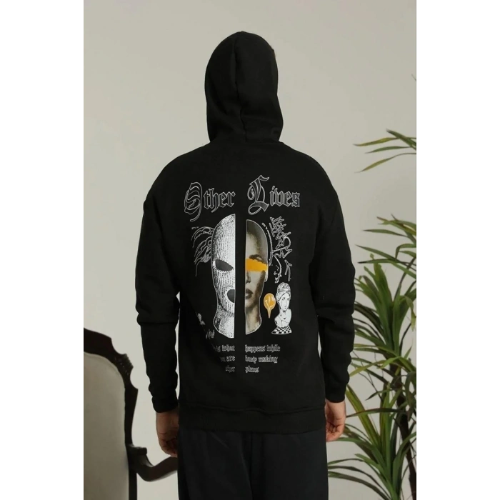 Erkek 3 İplik Pamuklu Kapüşonlu Baskılı Cepli Oversize Sweatshirt Hoodie - Siyah