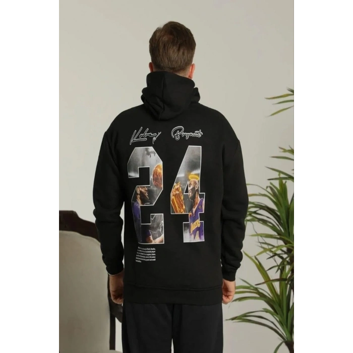 Erkek 3 İplik Pamuklu Kapüşonlu Baskılı Cepli Oversize Sweatshirt Hoodie - Siyah