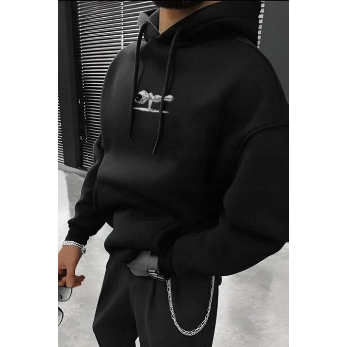 Erkek 3 İplik Pamuklu Kapüşonlu Baskılı Cepli Oversize Sweatshirt Hoodie - Siyah