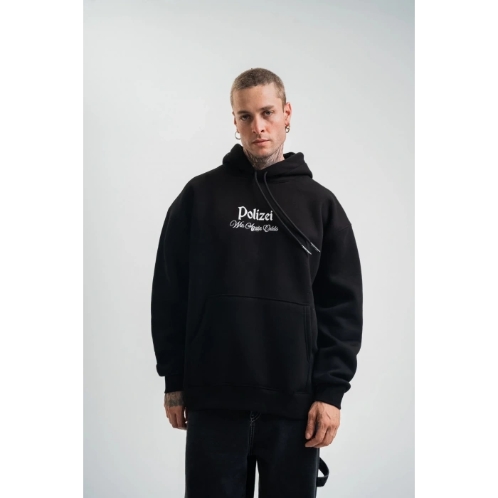 Erkek 3 İplik Pamuklu Kapüşonlu Baskılı Cepli Oversize Sweatshirt Hoodie - Siyah