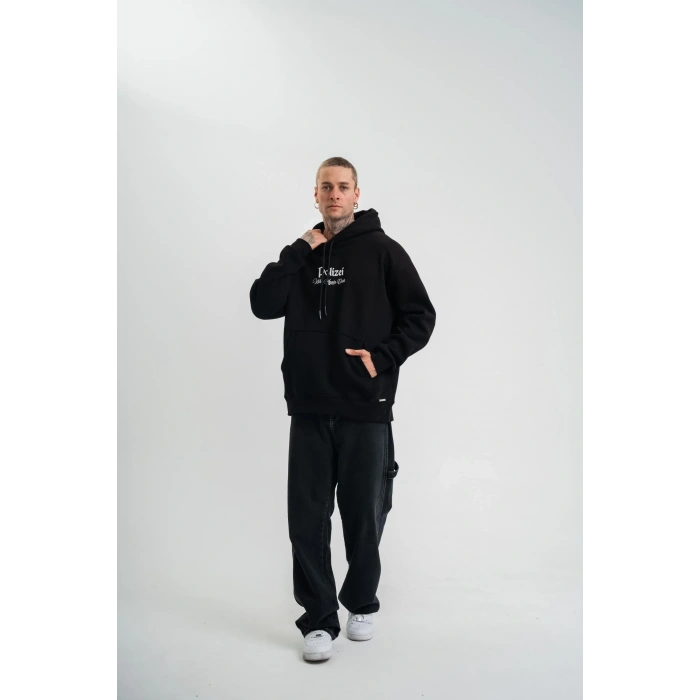 Erkek 3 İplik Pamuklu Kapüşonlu Baskılı Cepli Oversize Sweatshirt Hoodie - Siyah