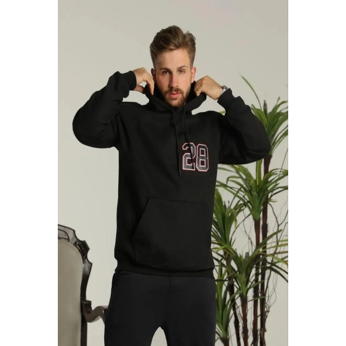 Erkek 3 İplik Pamuklu Kapüşonlu Baskılı Cepli Oversize Sweatshirt Hoodie - Siyah