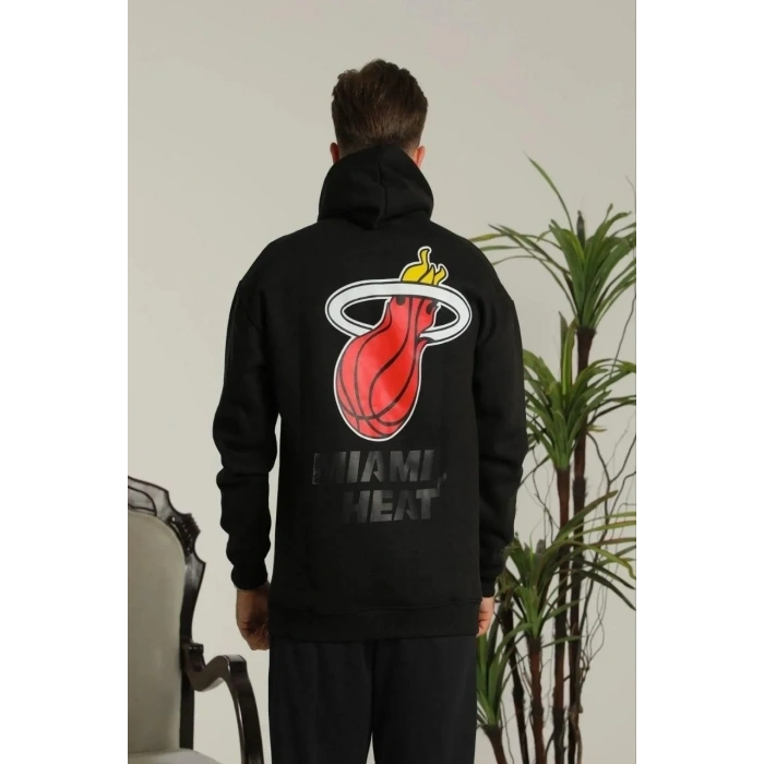 Erkek 3 İplik Pamuklu Kapüşonlu Baskılı Cepli Oversize Sweatshirt Hoodie - Siyah