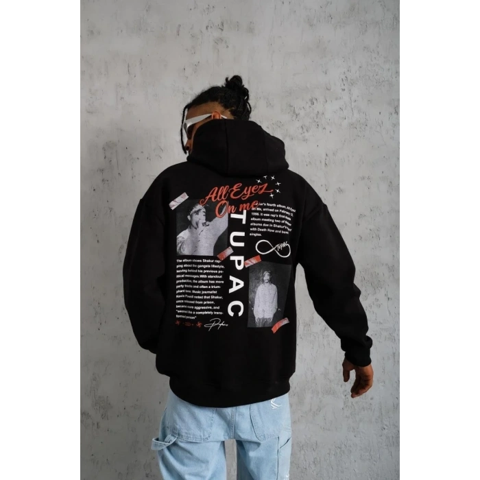 Erkek 3 İplik Pamuklu Kapüşonlu Baskılı Cepli Oversize Sweatshirt Hoodie - Siyah