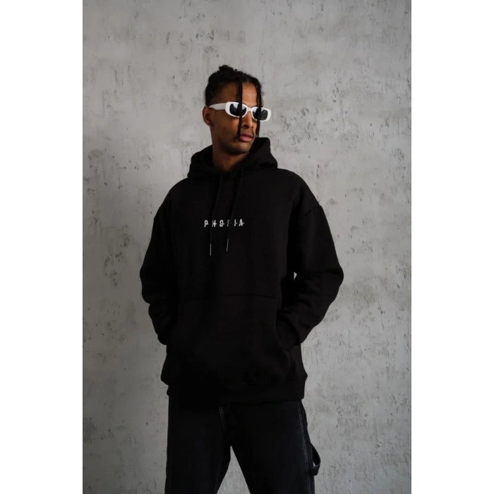 Erkek 3 İplik Pamuklu Kapüşonlu Baskılı Cepli Oversize Sweatshirt Hoodie - Siyah