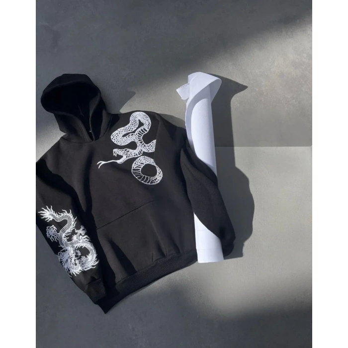 Erkek 3 İplik Pamuklu Kapüşonlu Baskılı Cepli Oversize Sweatshirt Hoodie - Siyah